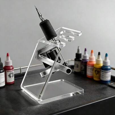 1个极简透明亚克力纹身机支架，桌面化妆刷线圈架，便携式美容院纹身店双槽收纳托盘