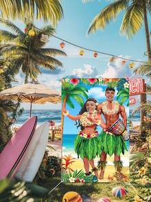 1pc Oversized Hawaiian Photo Prop Banner, Hawaiian Summer Photography Background, Hawaiian Themed Party Decor, Tropical Luau Couple Doorway Curtain Decor, Hawaiian Party Decorations, Fabric Luau Photo Booth Backdrop, Aloha Tiki Background For Beach Party - A - View 4