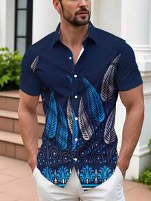 Elegant Feather Pattern Symbolizes Freedom And Vitality With Abstract Blue Golden Leaves Rising Harmoniously 3D Print Casual Button Down Short Sleeve Shirt For Men Summer Beach Top - 白色 - 查看 2