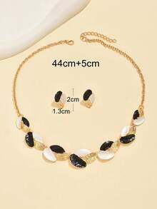 1条项链+1对耳环 时尚奢华创意金属叶子女士首饰套装，适合日常休闲、派对、音乐节、海滩度假等场合佩戴 - 黑金色 - 查看 3