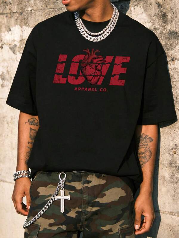 Camiseta de manga corta con estampado gráfico de corazón vintage desgastado, corte holgado, estilo casual streetwear - Camiseta negra de cuello redondo unisex