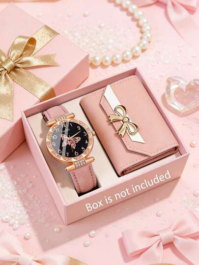 2/1pc Elegant Fashion Precise Round Butterfly Dial Quartz Watch For Girls, Paired With Stylish Wallet, Suitable For Daily Wear, Birthday/Holiday Gift, Party, Vacation, Travel, Back To School Decoration, Mother's Day, Valentine's Day - Perfect Gift For Girls, Elegant Accessory For Girls