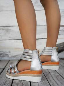 Casual Hemp Rope Woven Wedge Heel Roman Sandals, Silver Geometric Ruffled Open Toe Sandals For Women - Silver - View 5