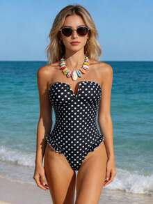 Traje de baño monokini de verano para mujer, sin mangas, con hombros descubiertos y estampado de lunares. - Negro - Ver 1