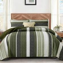 Quilt Set Queen Size Sage Green Striped Bedding Set 3 Piece Lightweight Bedspreads Coverlets Set Soft Microfiber Summer Striped Quilts With 2 Pillowcases All Season Patchwork Comforter Set 96"*90" - Sage Green - Ver 5