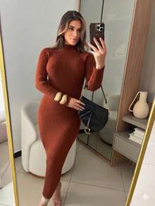 Ribbed Dress With Elegant Sleeves, High-Quality Modal Fabric, Autumn/Winter 2026. - 鏽 - 查看 1