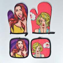 Bộ găng tay lò vi sóng in kỹ thuật số hình nữ đầu bếp, miếng lót dày chịu nhiệt, găng tay nướng và miếng lót nồi chịu nhiệt in hình. - Nhiều màu - Xem 1