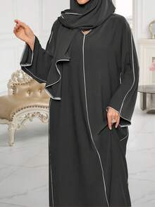2pcs Muslim Abaya Set, Classic Trim Robe Dress, Versatile For Women's Daily Wear (Long Scarf + Muslim Dress) Spring - Multicolor - View 3