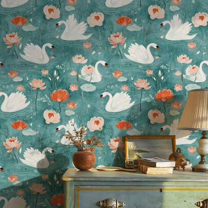 1 rolka samoprzylepnej tapety "Zielony łabędź i lotos", materiał winylowy, samoprzylepna, trwała i zdejmowana, tapeta z motywem zwierzęcym, świeża tapeta w stylu rustykalnym, odpowiednia do sypialni, salonu i łazienki, naklejki do renowacji mebli, natychmiastowa metamorfoza