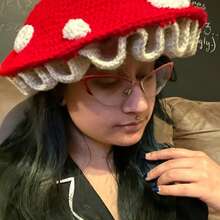 1 chiếc mũ len hình nấm dễ thương dành cho nữ, mũ beanie móc thủ công, kiểu dáng cổ tích Cô bé quàng khăn đỏ, ấm áp cho mùa thu/đông. - Đỏ - Xem 3