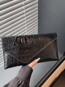 时尚纯色优雅鳄鱼纹信封手拿包，休闲百搭手提包 - 彩色 - 查看 12