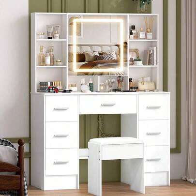 Mesa de Maquillaje con Espejo Iluminado por LED y Cajones - Perfecta para Organizar Maquillaje y Cuidado de la Piel, Elegante Tocador|Mueble de tocador decorativo, compacto para espacios pequeños, regalo de decoración para dormitorio, regalo perfecto para mujeres y niñas, para regalos de Navidad y Halloween.