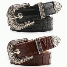 一件式时尚重工雕花合金三件套女士腰带，适合搭配各种牛仔裤，复古风格石纹图案，百搭实用设计，尽显优雅气质 - 彩色 - 查看 6