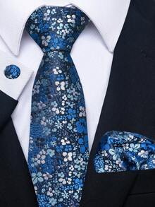 1 Set de corbata, pañuelo de bolsillo y gemelos de 3 piezas con estampado floral para hombres, adecuado para accesorios formales de novio en bodas y atuendo de negocios - colores mezclados - Ver 12