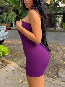 Purple Striped Strapless Fitted Romper - Sexy Clubwear Jumpsuit Summer Elegant - Hot Pink - View 9