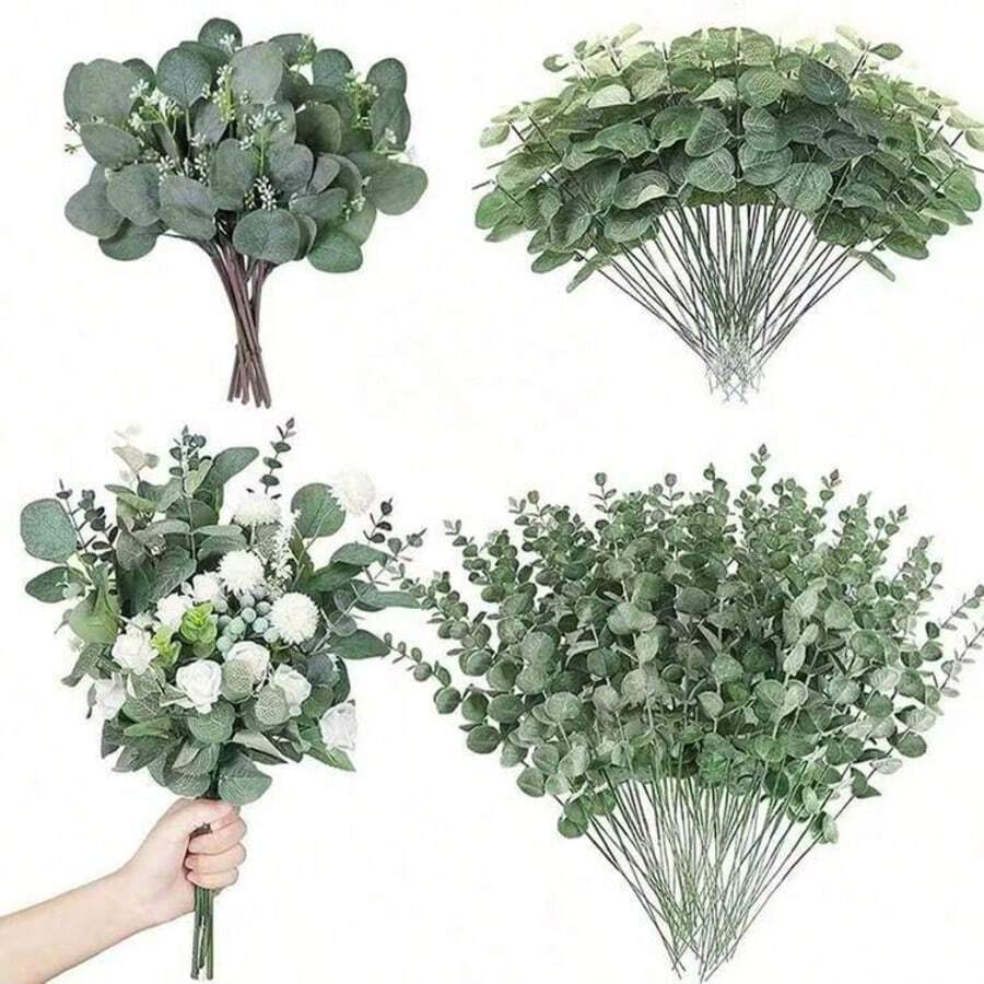 3/30/60/120 pièces Feuilles et tiges d'eucalyptus artificielles mélangées, pièces de monnaie argentées artificielles en vrac, feuilles d'eucalyptus pour compositions florales, bouquets de fleurs artificielles, vases de mariage, décoration florale, décoration d'intérieur, décoration de mariage, décoration de chambre - Vert - Voir 1
