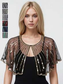 1件夏季重工串珠亮片蕾丝轻薄披肩，适合晚礼服 - 彩色 - 查看 10