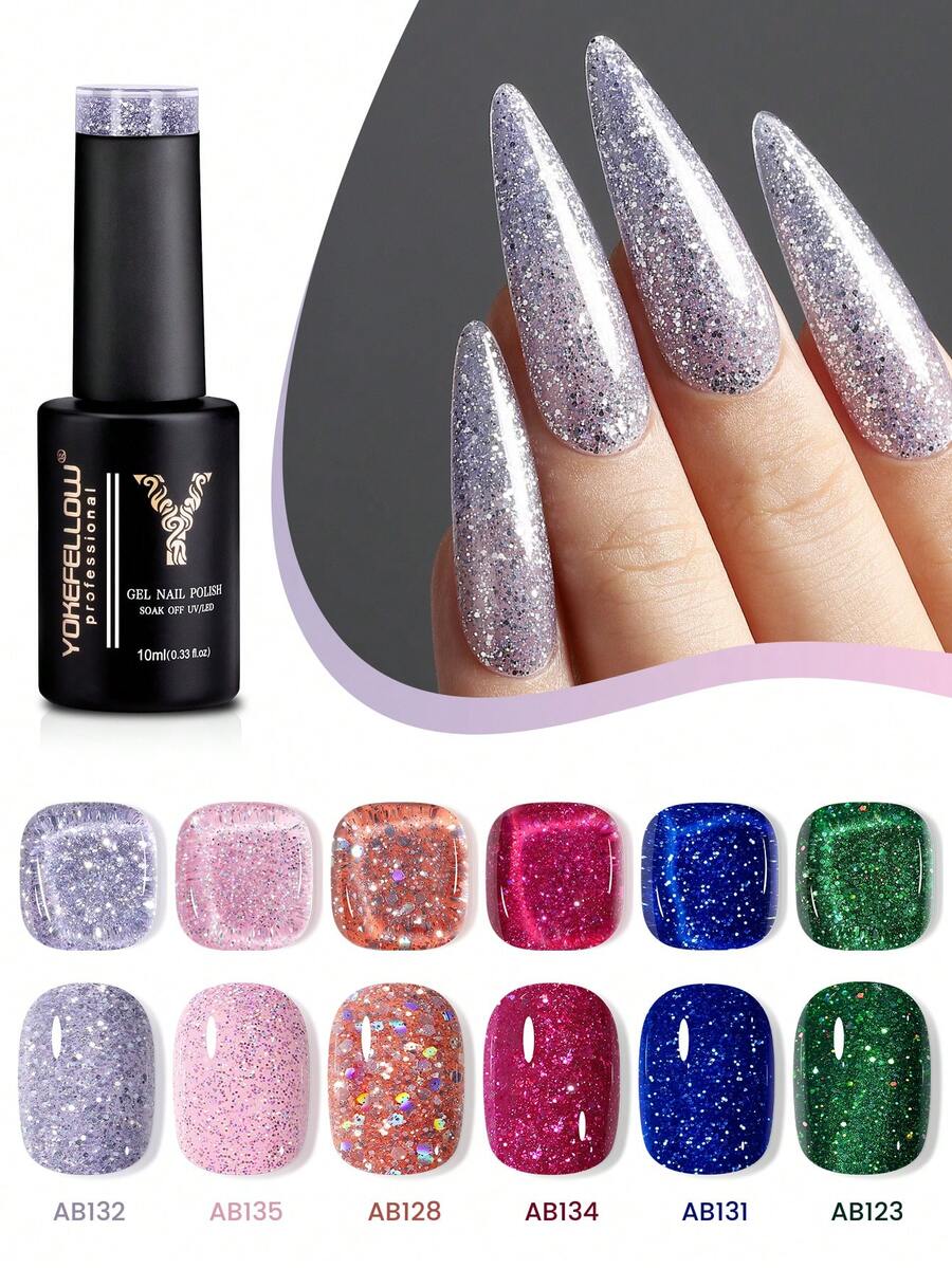 YOKEFELLOW 10毫升闪粉凝胶指甲油，夏季粉色、蓝色、绿色、橙色闪粉假日美甲闪亮脚趾甲亮泽指甲油可卸UV/LED家用DIY美甲沙龙礼品 - 彩色 - 查看 1