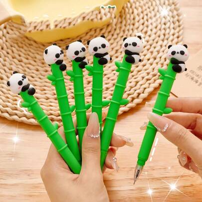 6pcs Panda Bamboo Decor Gel Ink Pens, Creative Cartoon Stationery For Students, Perfect Back To School Gift & Desk Accessories, Back To School
