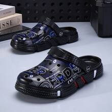 男士时尚涂鸦拖鞋，舒适百搭透气镂空凉鞋 - 黑色 - 查看 2