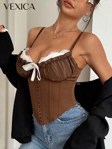 Áo hai dây ren lưới xuyên thấu màu nâu gợi cảm kiểu Y2K dành cho nữ của Vexica, thích hợp cho những buổi đi chơi mùa hè và mặc hàng ngày. - màu nâu - Xem 6