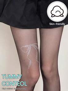 薄款蝴蝶结水钻黑色丝袜，性感塑身夏季连裤袜 - 彩色 - 查看 3