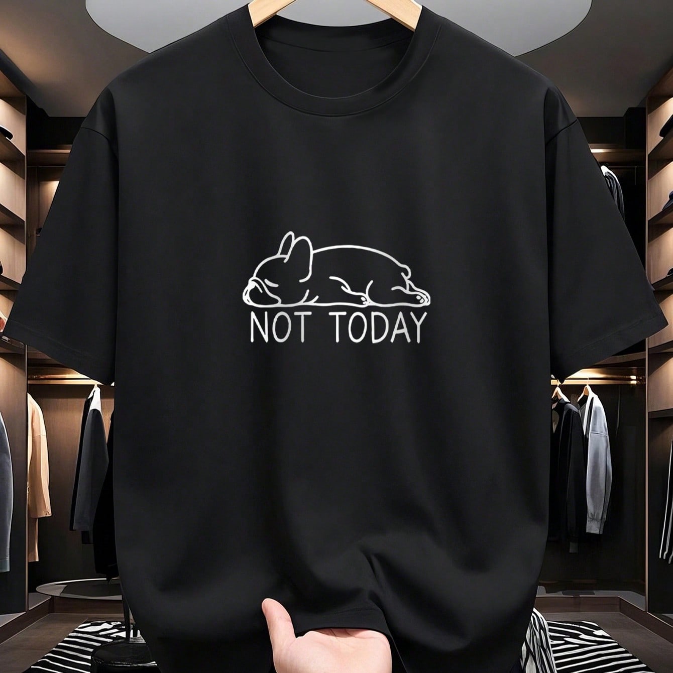 Camiseta de manga corta con cuello redondo, diseño holgado, gráfico de perro "NOT TODAY", versátil y casual para el verano