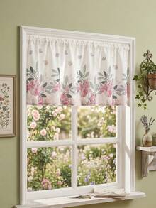 1pc Minimalist Floral Print Curtain, Farmhouse Style Coffee Shade, Short Partition Curtain, Window Door Decor - Multicolor - View 4