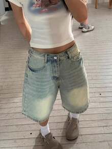 Women's Loose Fashion Straight Mid-Calf Shorts Casual Summer - Màu xanh lam - Xem 2