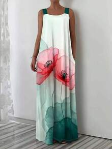 Đầm midi hai dây in hoa thời trang, cỡ lớn, thanh lịch cho kỳ nghỉ hè. - màu xanh lá - Xem 3