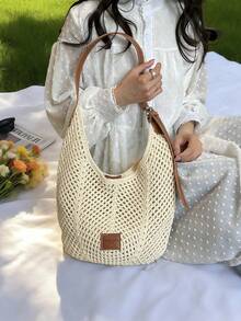 New Minimalist Woven Large Tote Bag For Women - Brown - View 1