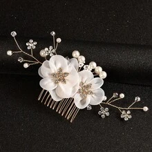 1pc Handmade Ceramic Flower & Leaf Faux Pearl Beaded Elegant Hair Comb, Suitable For Wedding, Daily Wear, Vacation - Gold - View 1