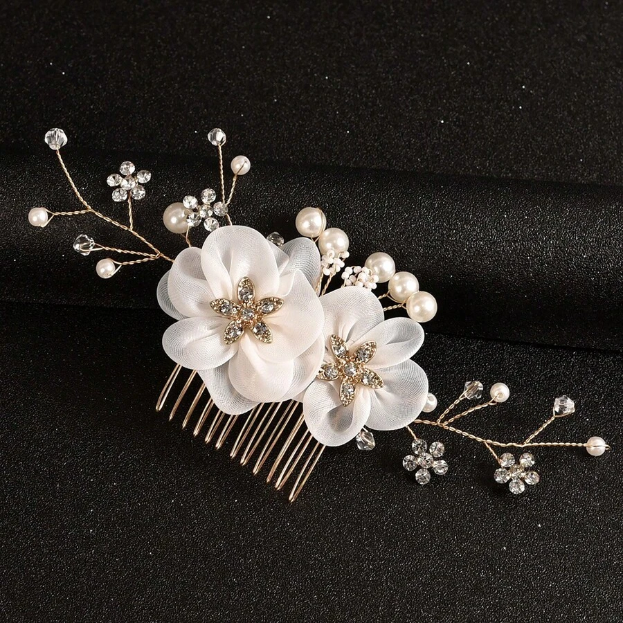 1pc Handmade Ceramic Flower & Leaf Faux Pearl Beaded Elegant Hair Comb, Suitable For Wedding, Daily Wear, Vacation - Gold - View 1