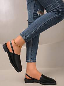 女士弹力套脚方头凉鞋 - 夏季闭趾平底鞋，闪亮面料鞋面，舒适橡胶鞋底和踝带 - 休闲和正式场合皆宜，时尚耐穿 - 黑色 - 查看 8
