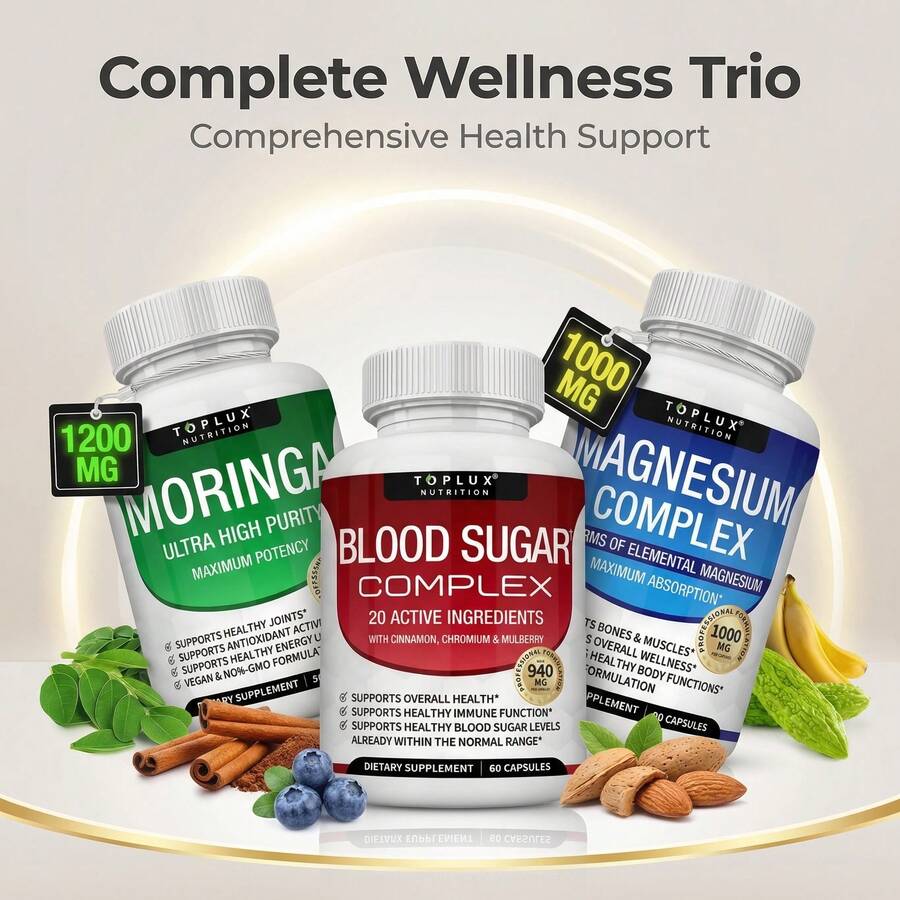 America's Best Seller Magnesium + Blood Sugar + Moringa | Supports Glucose Balance, Relaxation & Digestive Health | All-In-One Wellness Trio | ⏰ 3-Bottle Set – Limited Time, Save BIG! - Phức hợp Magie + Phức hợp điều chỉnh đường huyết + Moringa - Xem 1