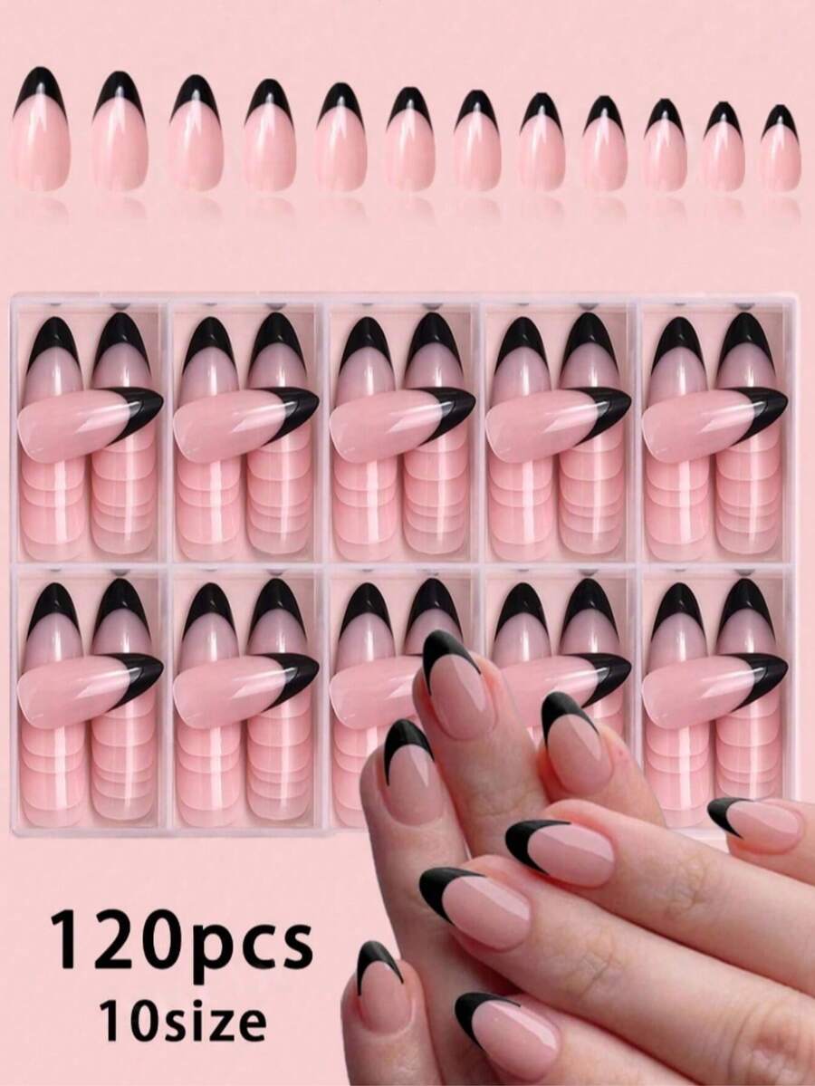 120片粉色和白色法式美甲杏仁形亮面假指甲（红色、黑色、浅蓝色、蓝色、白色，适合年轻女孩，美甲艺术，美甲用品，美甲礼品） - 彩色 - 查看 1