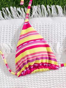 女士性感彩色条纹波西米亚风露背系带比基尼套装，适合海滩、优雅休闲度假、音乐节、沙滩派对和冲浪。采用弹力舒适面料制成，两件式泳衣，春夏必备。 - 彩色 - 查看 5