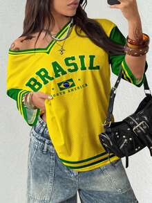 大码女式休闲运动套装，采用绿黄撞色字母印花面料。适合夏季和运动季节。网眼透气面料，印花设计。 - 彩色 - 查看 4