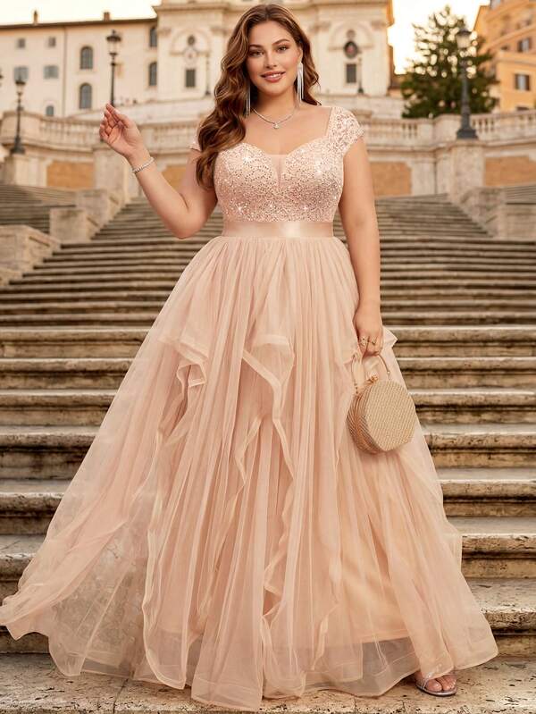 Plus Size Deep V-Neck Sequin Lace Patchwork Mesh Ruffle Hem Elegant Evening Party Dress, Summer Gown, Wedding Guest Dress, Formal Ball, Suitable For Birthday Party, Banquet, Homecoming, Graduation Ceremony Spring