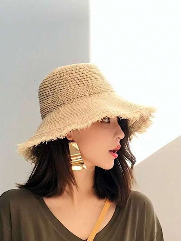 1 pièce Chapeau de paille à large bord effiloché, style coréen, respirant pour femmes. Chapeau de plage pour protection solaire estivale