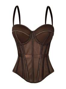 1PC Sexy Tight-Fitting Mature Lady Style Solid Color Fashion Fishbone Corset Slimming Mesh Camisole With Chest Pads For Outerwear - 咖色 - 查看 8