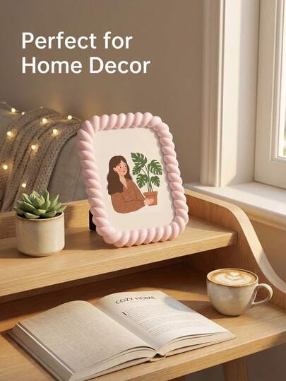 1pc 6/7 Inch Twisted Edge Resin Photo Frame, Cute Wavy Border Desktop Picture Frame, Pink/White Home Decor Frame Stand, Spring Home Decor, Easter Desktop Decor, Mother's Day Gift, Wedding Desktop Decor, Office Desk Decor, Photo Collection Frame