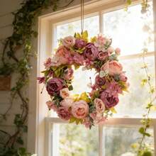 1pc 45cm/17.72in Romantic Vintage Style Artificial Simulated Peony Flower Hanging Decorative Wreath For Thanksgiving, Harvest, Christmas, Valentine's Day, Mother's Day, Weddings, Holiday Party Mantel, Wall, Door Window, Staircase Decorative Wreath, Thanksgiving Gift - A - 查看 6