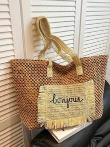 Summer Straw Beach Bag, Large Capacity Tote Bag, Grocery Basket, Handbag, Vacation Style, Simple & Versatile, Multi-Pocket Design, Suitable For Dresses, Shopping, Travel, Storage, Wicker Bag - Khaki - View 3
