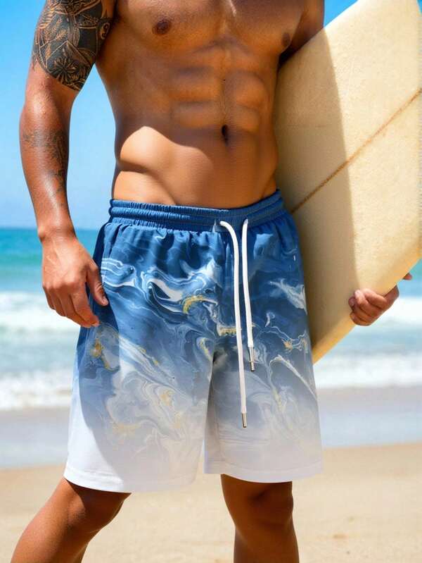 Men's Summer Beach Shorts, Hawaiian Resort Casual Sports Outdoor Painted Ombre Artistic 3D Digital Print Relaxed Daily Holiday Single Layer Drawstring Beach Shorts