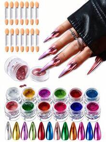 Y2K Nail Art Powder Kit, 12 Colors With 12 Cleaning Swabs, Holographic Metallic Mirror Effect Powder, Nail Art Gel Polishing Decorative Resin Craft Nail Salon Home Use - Multicolor - View 1
