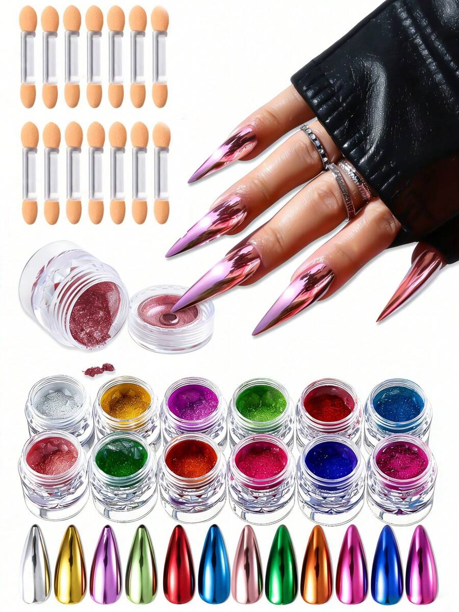 Y2K Nail Art Powder Kit, 12 Colors With 12 Cleaning Swabs, Holographic Metallic Mirror Effect Powder, Nail Art Gel Polishing Decorative Resin Craft Nail Salon Home Use - Multicolor - View 1