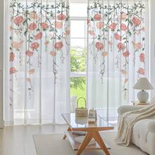 2 tấm rèm voan họa tiết dây leo hoa hồng màu hồng, in phẳng 2D, phong cách cổ điển trang nhã, phù hợp cho phòng ngủ và phòng khách, có thể treo bằng thanh rèm. - Nhiều màu - Xem 2