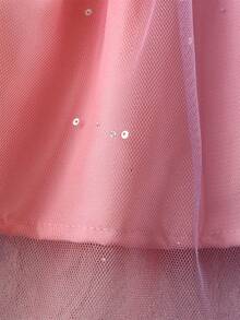 Girls' Gradient Purple Mesh Spaghetti Strap Dress: Ruffle Shoulder Straps + Elastic Bust Design, Cute And Sweet, Layered Gradient Mesh Skirt With Sequins, Dreamy Macaron Color, Princess Style, Suitable For Baby Birthday Party/Holiday Celebration - Pink - View 5