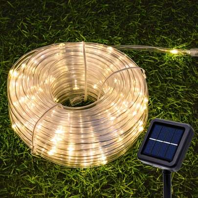 Đèn LED ống năng lượng mặt trời, không cần dây dẫn, dây đèn PVC trong suốt dẻo, 8 chế độ sáng, chống nước IPX4, cảm biến tự động bật/tắt khi trời tối, thích hợp trang trí sân vườn ngoài trời.